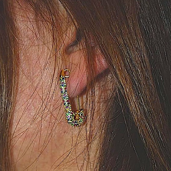 Gold Plated Rhinestone Safety-pin Earring, Multicolor, Punk, Hip Hop - Picture 3 of 8